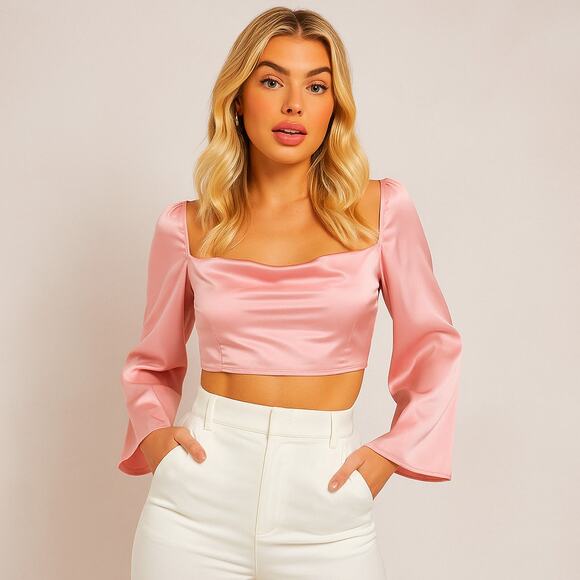 New Pink 10 Large Silk Satin Long Sleeve Square Neck Cowl Crop Top Blouse Ruched - Picture 1 of 4